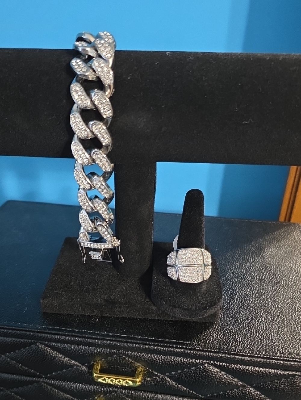 Sterling over Stainless Steel Cubic Zirconia Cuban Link Bracelet and Ring Set